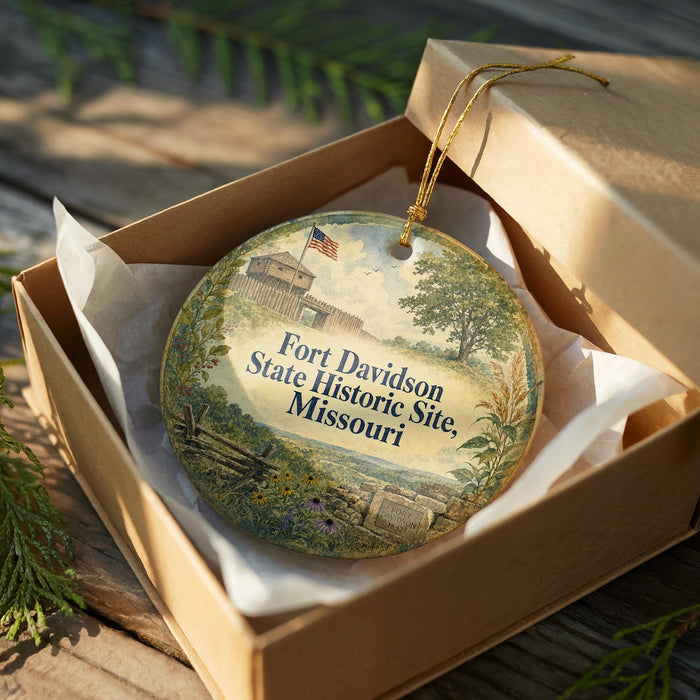 A decorative ornament in a wooden box, featuring an illustration of Fort Davidson State Historic Site in Missouri.