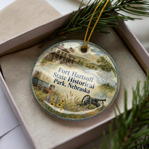 A decorative ornament in a box, featuring an illustration of Fort Hartsuff State Historic Park in Nebraska.