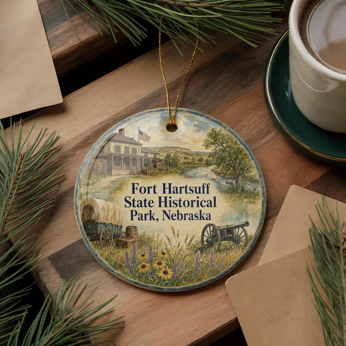 A decorative ornament featuring a painting of Fort Hartsuff State Historical Park in Nebraska, with a wagon and a cannon in the foreground.