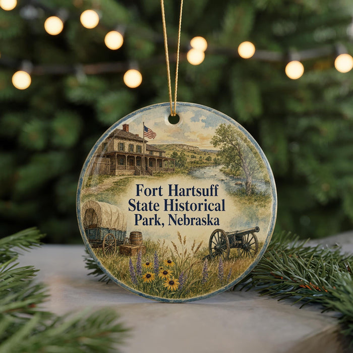 A round ornament featuring a painting of Fort Hartsuff State Historical Park in Nebraska, with a wagon and a cannon in the foreground.