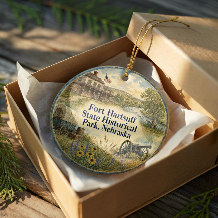 A round ornament in a box, featuring an illustration of Fort Hartsuff State Historical Park in Nebraska.