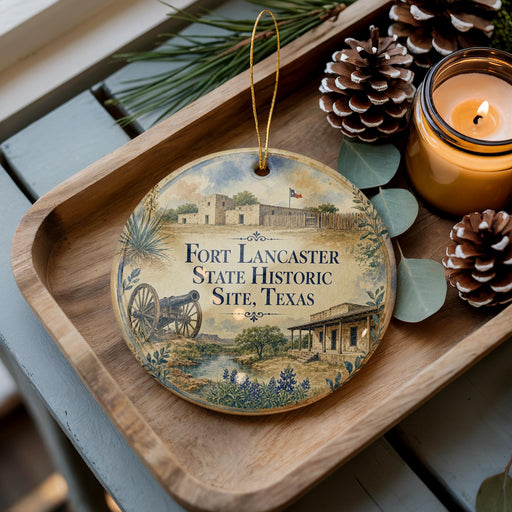 A decorative ornament with a picture of Fort Lancaster, Texas, featuring a cannon and a building, placed on a wooden tray alongside pine cones and a lit candle.
