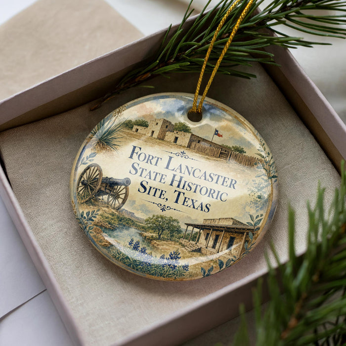 A decorative ornament with a historical scene featuring a cannon, buildings, and trees, placed in a box with pine branches.