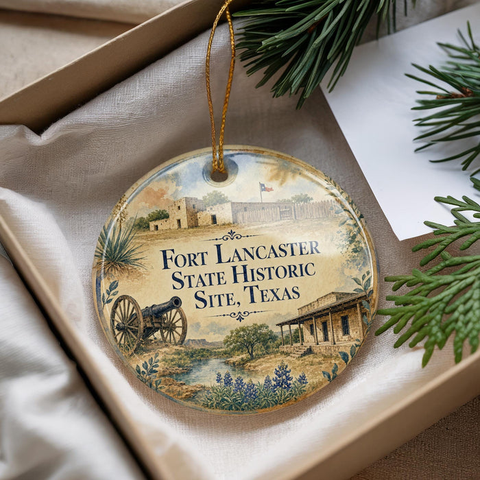 A round ornament with a picture of Fort Lancaster, Texas, and the text "Fort Lancaster State Historic Site, Texas" is displayed in a box with pine branches.