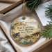 A round ornament with a picture of Fort Lancaster, Texas, and the text "Fort Lancaster State Historic Site, Texas" is displayed in a box with pine branches.