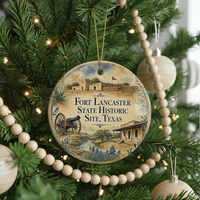A round ornament hanging on a Christmas tree, featuring an illustration of Fort Lancaster, Texas, with a cannon and a building in the background.