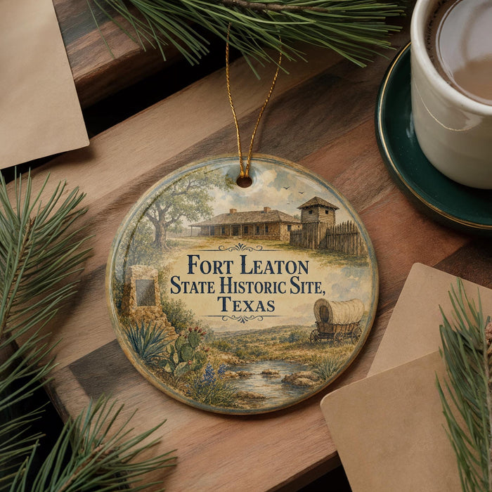 A round ornament with a painting of a historic site, specifically Fort Leaton State Historic Site in Texas, hanging on a wooden surface.