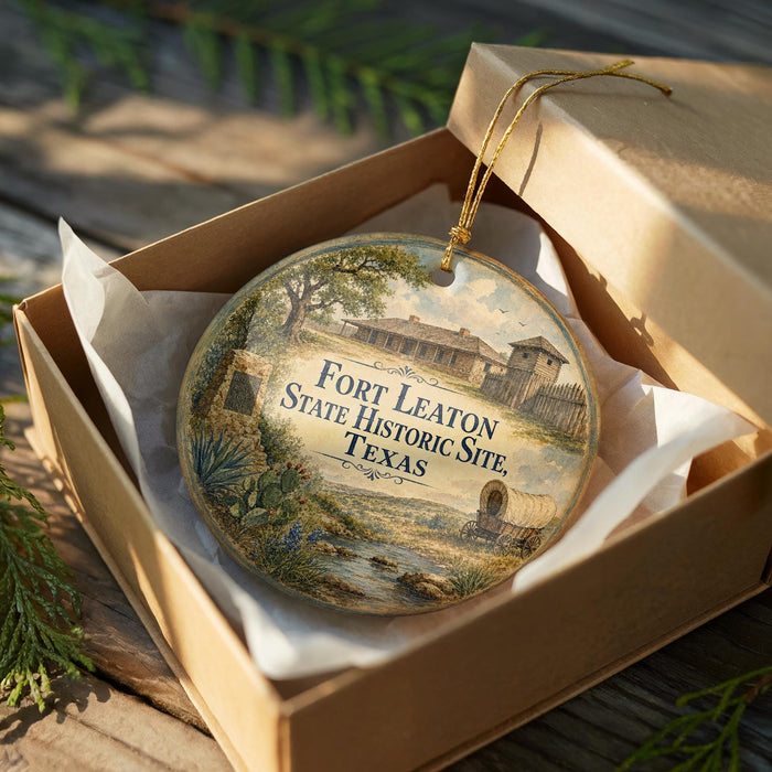 A circular ornament in a wooden box, featuring a painting of a historical building and a river, with the text "Fort Leaton State Historic Site, Texas" printed on it.