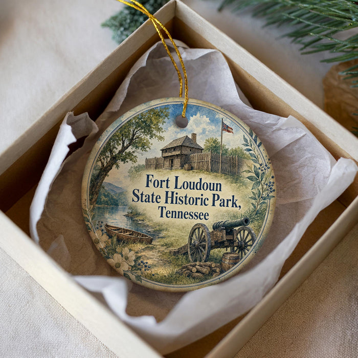 A decorative ornament in a box, featuring a painting of Fort Loudoun State Historic Park in Tennessee.