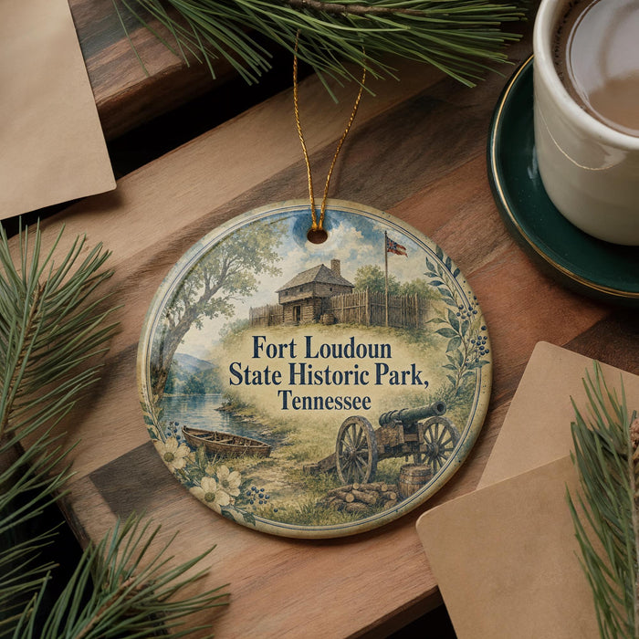 A decorative ornament featuring a historical scene with a cannon, a house, and a river, surrounded by pine branches and a cup of coffee on a wooden surface.