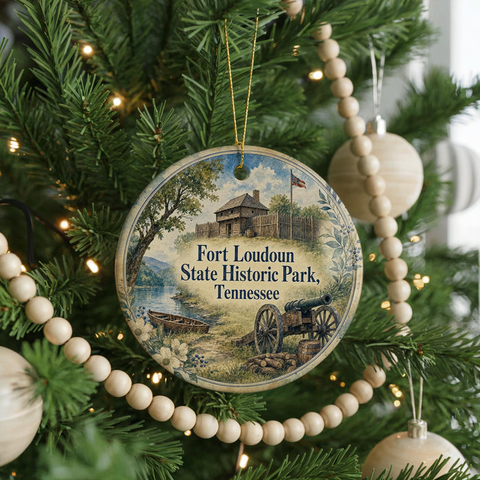 A round ornament hanging on a Christmas tree, featuring a scene from Fort Loudoun State Historic Park, Tennessee.