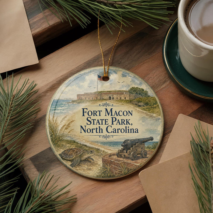 A round ornament with a picture of Fort Macon State Park, North Carolina, featuring a turtle, a cannon, and a building, is displayed on a wooden surface alongside a cup of coffee and some pine branches.
