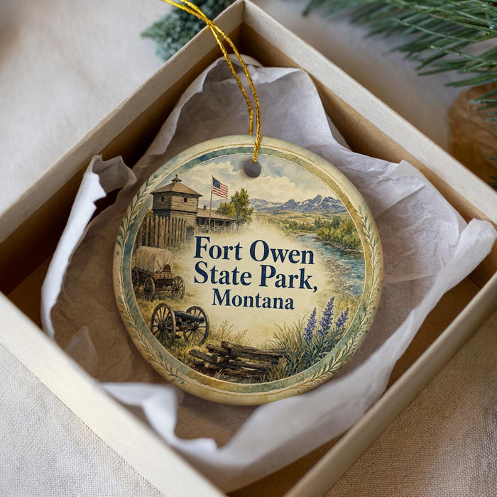 A decorative ornament in a box, featuring a scenic image of Fort Owen State Park in Montana.
