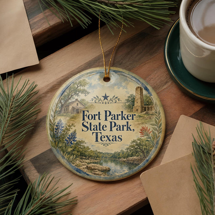 A decorative ornament with the text "Fort Parker State Park, Texas" on it, surrounded by pine branches and a cup of coffee on a wooden surface.