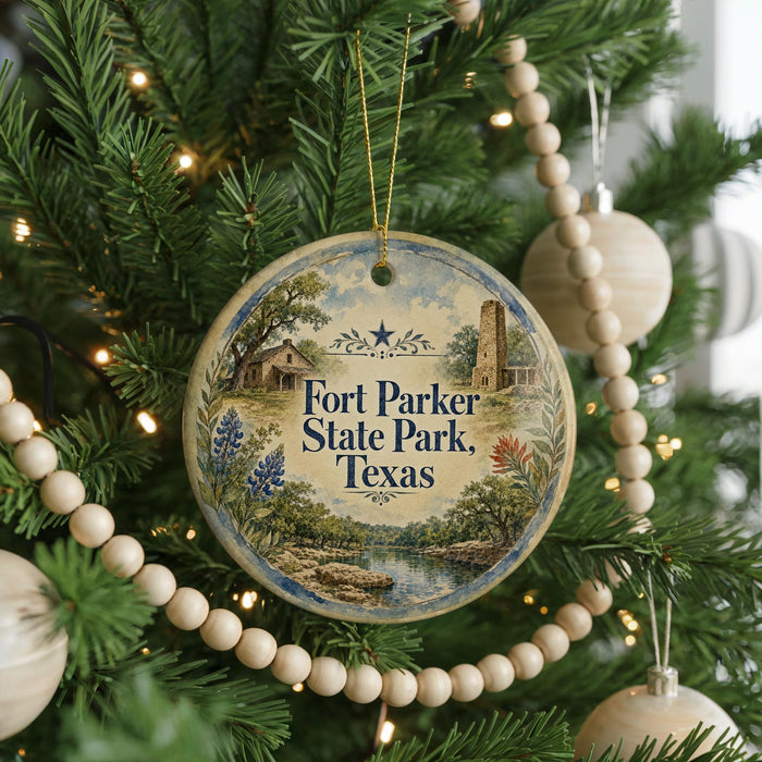 A round ornament on a Christmas tree, featuring a scenic image of Fort Parker State Park, Texas.