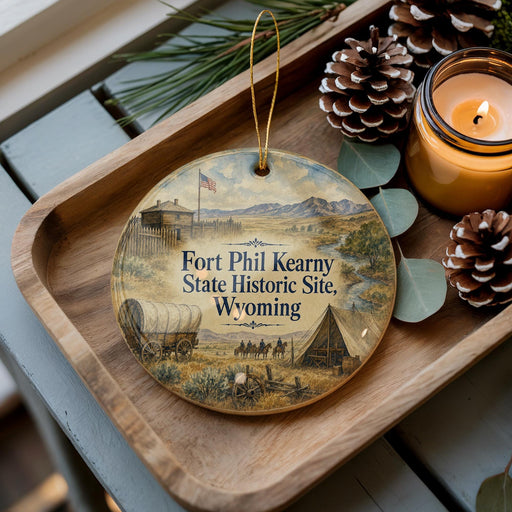 A wooden tray with a decorative ornament featuring a wagon and a building, along with pine cones and a lit candle, placed on a table.