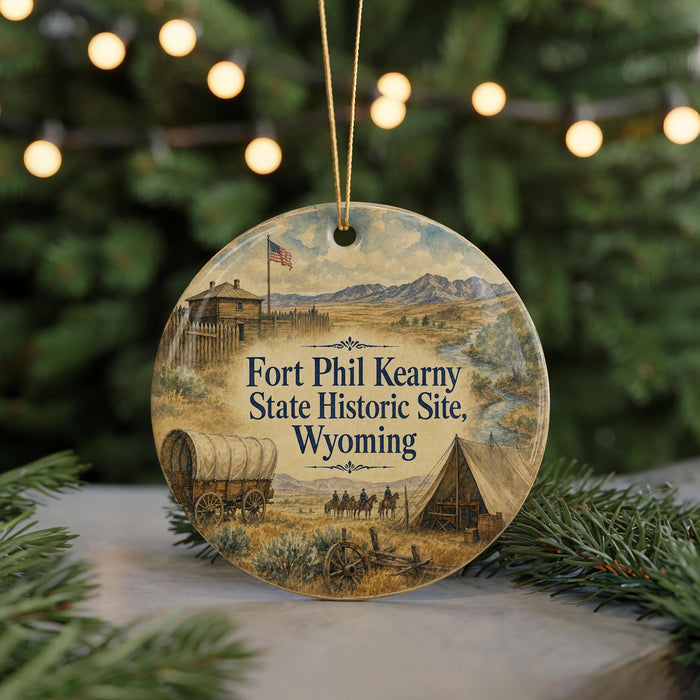 A round ornament with a painting of a wagon and a building, surrounded by greenery and a string of lights.
