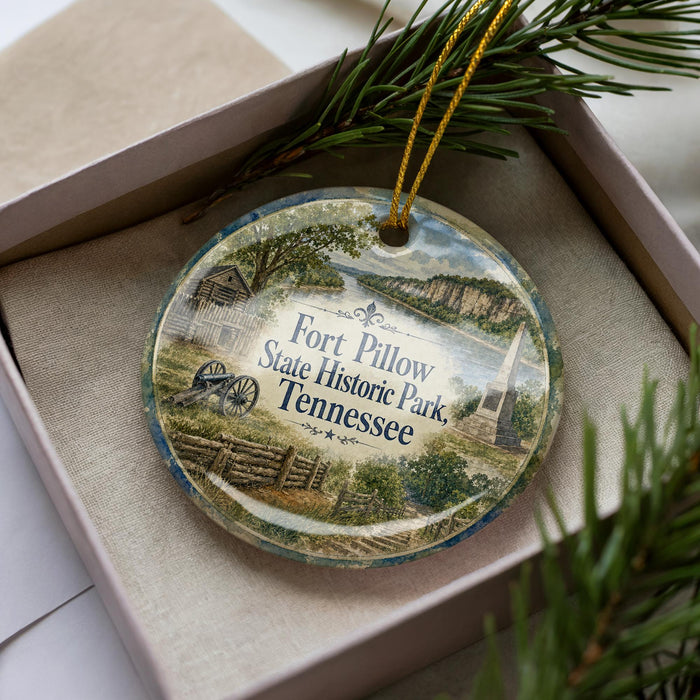 A decorative ornament with a picture of Fort Pillow State Historic Park in Tennessee, featuring a wooden cabin and a mountain landscape.
