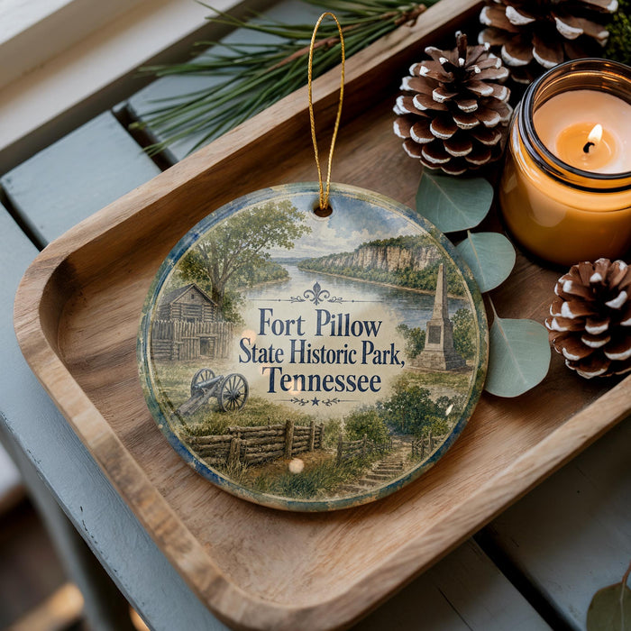 A decorative ornament with a scenic image of Fort Pillow State Historic Park, Tennessee, is displayed on a wooden tray alongside pine cones and a lit candle.
