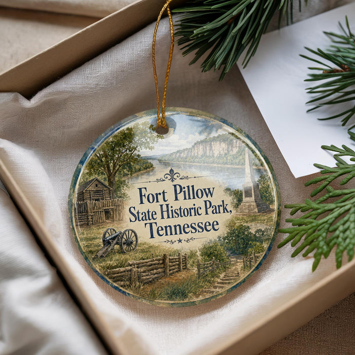 A decorative ornament with a scenic image of Fort Pillow State Historic Park in Tennessee, featuring a wooden cabin, a river, and a mountain landscape.