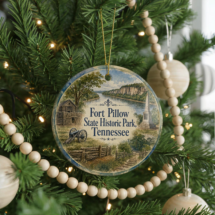 A round ornament hanging on a Christmas tree, featuring a scenic image of Fort Pillow State Historic Park in Tennessee.