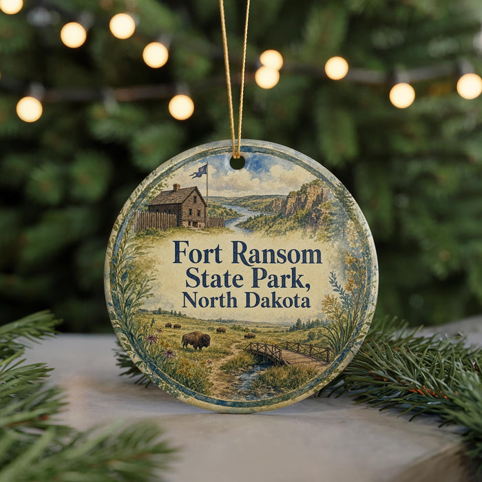 A round ornament with a painting of Fort Ransom State Park in North Dakota, featuring a house, a river, and wildlife.