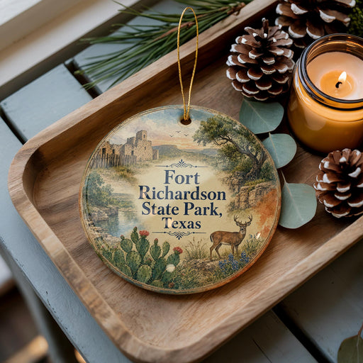 A decorative ornament featuring a scenic image of Fort Richardson State Park in Texas, with a deer and cactus in the foreground.