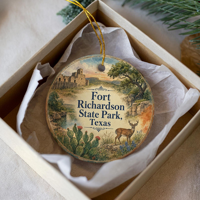 A round ornament with a picture of Fort Richardson State Park in Texas, featuring a deer and cactus in the foreground.