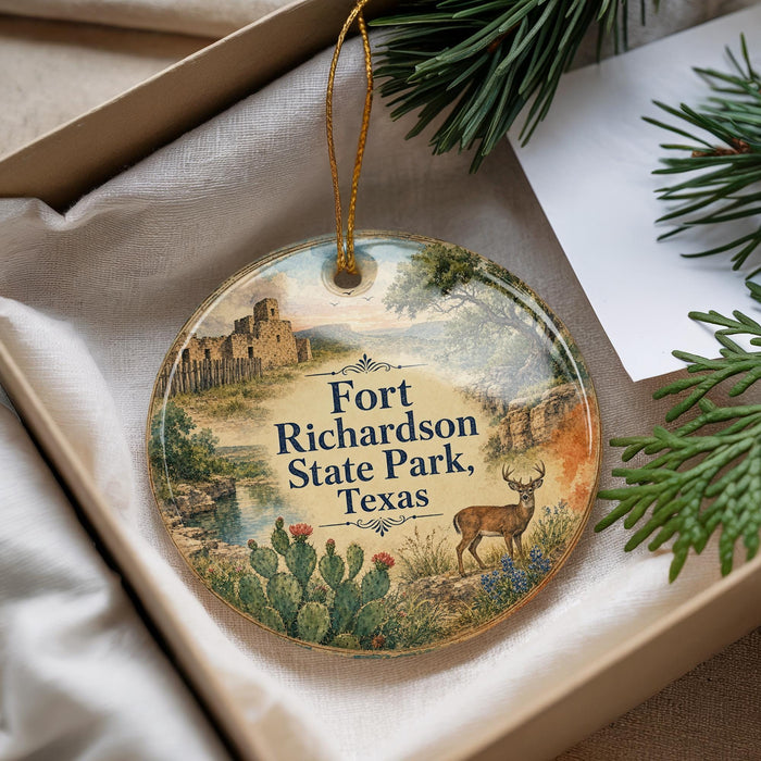 A round ornament with a painting of Fort Richardson State Park, Texas, featuring a deer, cactus, and other natural elements.
