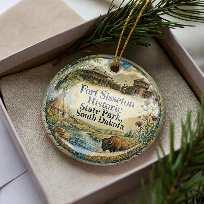 A decorative ornament in a box, featuring an illustration of Fort Sisset Historic State Park, South Dakota, with a buffalo in the foreground.