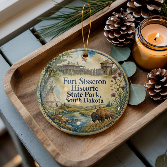 A decorative ornament featuring a scenic image of Fortissot Historic State Park, South Dakota, with a bison in the foreground and a candle in the background.