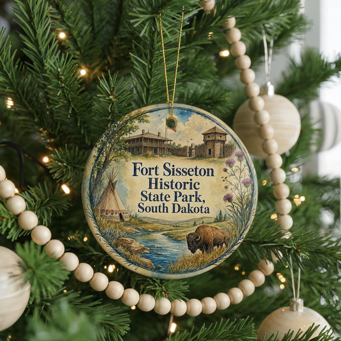 A round ornament hanging on a Christmas tree, featuring illustrations of Fort Sisset Historic State Park, South Dakota, with a buffalo in the foreground.