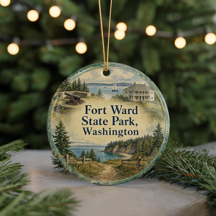 A round ornament with a scenic image of Fort Washington State Park in Washington, surrounded by pine trees and a body of water.