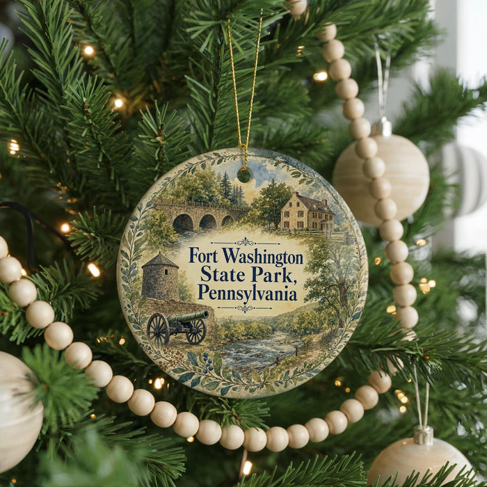 A round ornament hanging on a Christmas tree, featuring a scenic image of Fort Washington State Park, Pennsylvania.