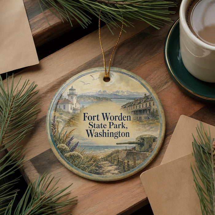 A round ornament with a lighthouse and a coastal scene, featuring the text "Fort Worden State Park, Washington".