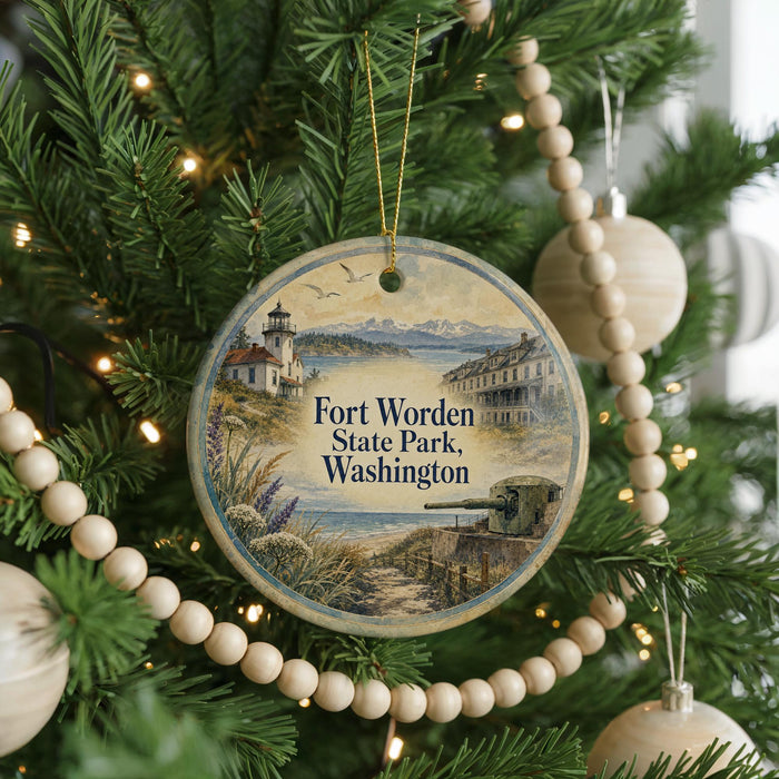 A round ornament hanging on a Christmas tree, featuring a scenic image of Fort WORDEN State Park in Washington.