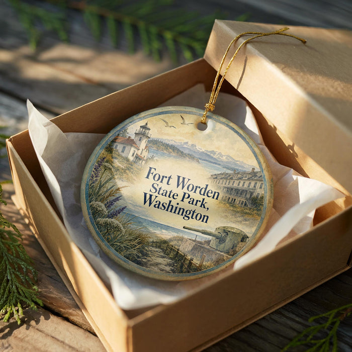 A round ornament in a box, featuring a scenic image of Fort WORDEN State Park in Washington.