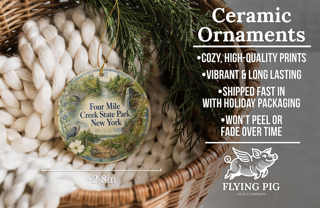 Ceramic ornaments, featuring a nature scene with a bird and flowers, are displayed in a basket.