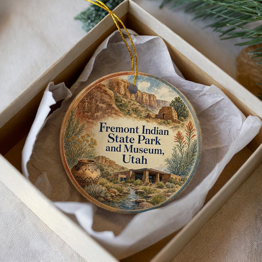 A circular ornament with a desert landscape and a pot, placed in a box with a white tissue paper lining.
