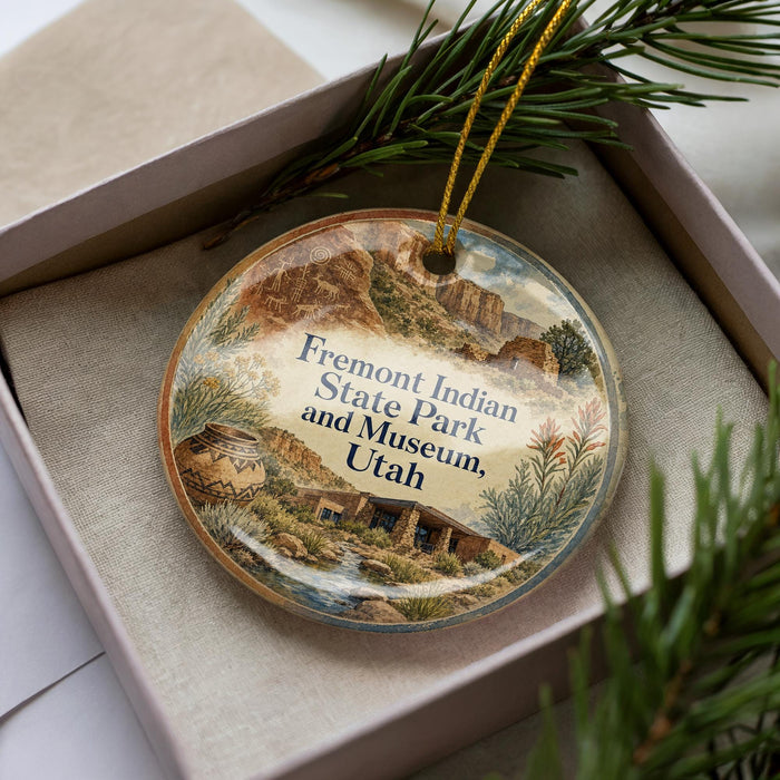 A decorative ornament in a box, featuring a scenic image of the Fremont Indian State Park and Museum in Utah.