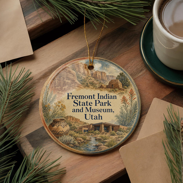 A circular ornament with a scenic illustration of Fremont Indian State Park and Museum, Utah, is displayed on a wooden surface alongside a cup of coffee and some pine branches.