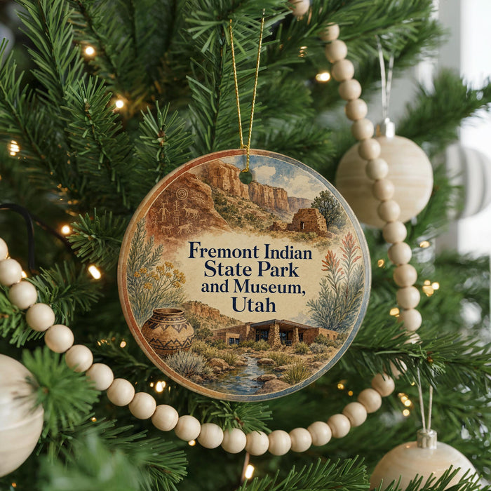 A round ornament hanging on a Christmas tree, featuring a scenic image of the Fremont Indian State Park and Museum in Utah.