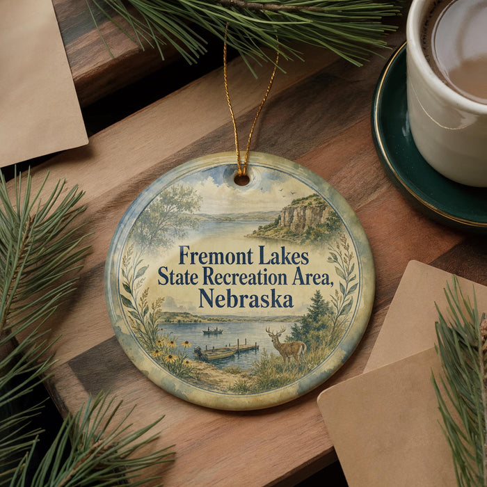 A round ornament with a scenic landscape of Fremont Lakes, Nebraska, hangs on a wooden surface, accompanied by pine branches and a cup of coffee.