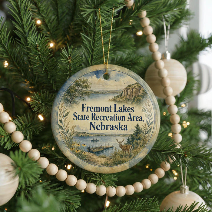 A round ornament hanging on a Christmas tree, featuring a scenic landscape of Fremont Lakes State Recreation Area in Nebraska.