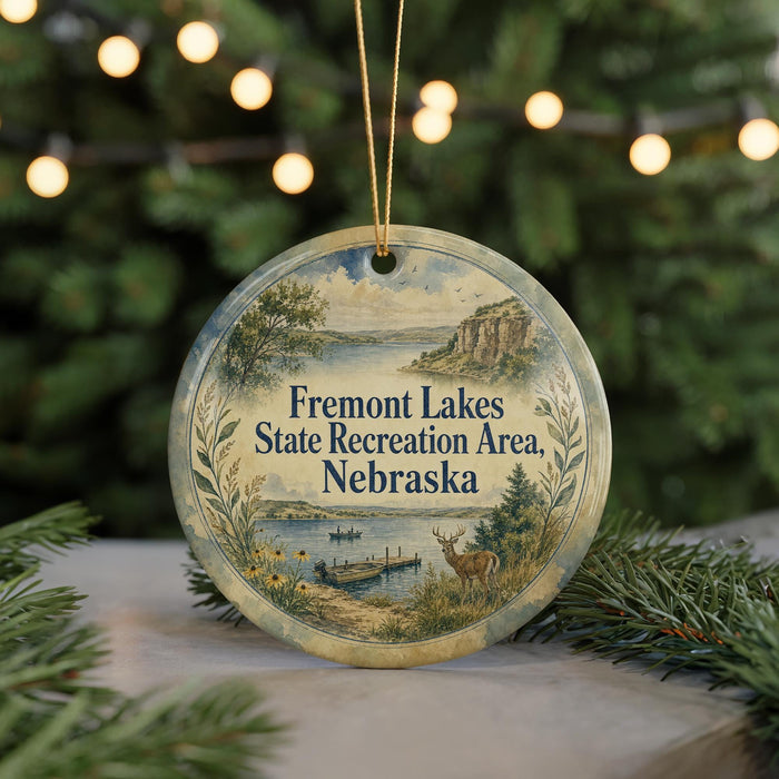 A round ornament with a scenic landscape of Fremont Lakes, Nebraska, featuring a deer, boats, and a lake.