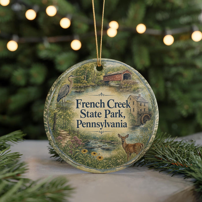 A round ornament with a scenic illustration of French Creek State Park, Pennsylvania, featuring a bird, a deer, and a bridge.
