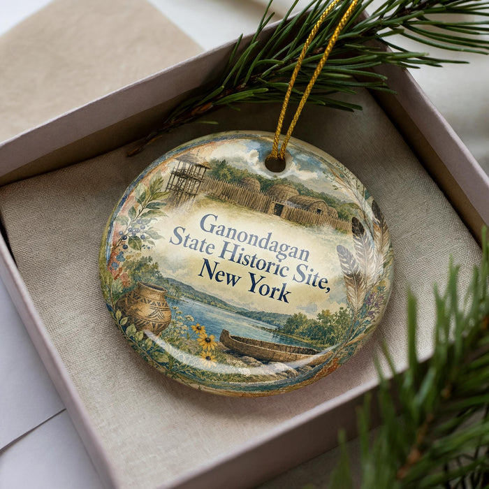 A decorative ornament in a box, featuring a scenic image of the Ganondagan State Historic Site in New York.