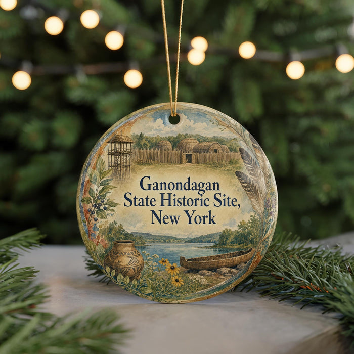 A round ornament with a painting of a historical site, specifically Ganondagan State Historic Site in New York, hanging from a string.