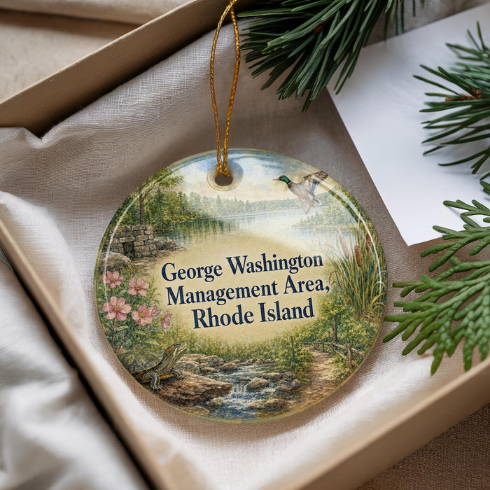 A decorative ornament with a landscape scene featuring a bird, flowers, and a stream, placed in a box with pine branches.