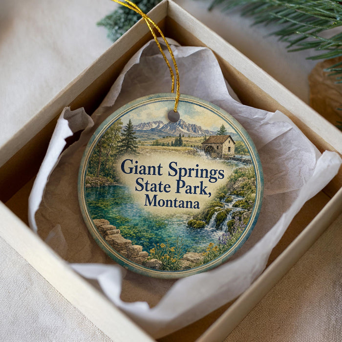 A decorative ornament in a box, featuring a scenic landscape with a river, mountains, and a small building.